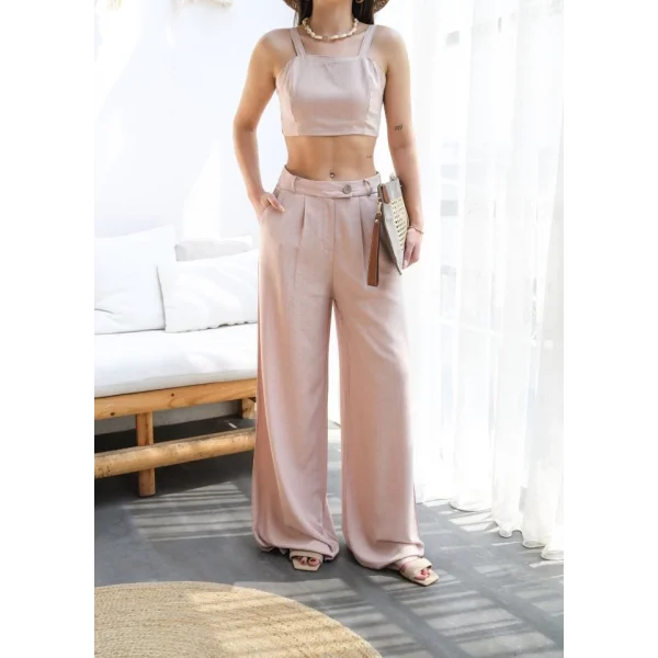 Keten Gi̇peli̇ Crop Ve Pantolon İki̇li̇ Takim