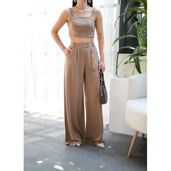 Keten Gi̇peli̇ Crop Ve Pantolon İki̇li̇ Takim