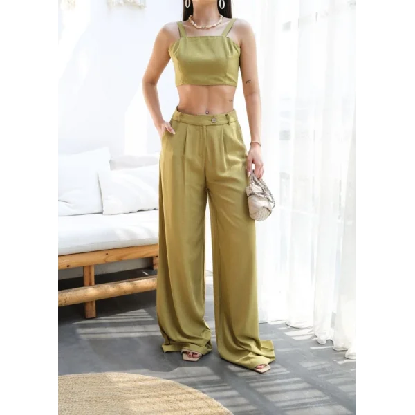 Keten Gi̇peli̇ Crop Ve Pantolon İki̇li̇ Takim