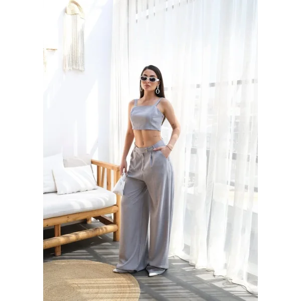 Keten Gi̇peli̇ Crop Ve Pantolon İki̇li̇ Takim