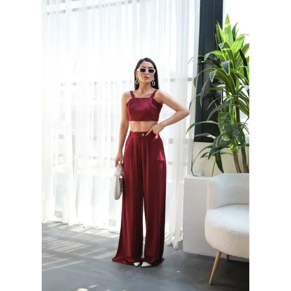 Keten Gi̇peli̇ Crop Ve Pantolon İki̇li̇ Takim