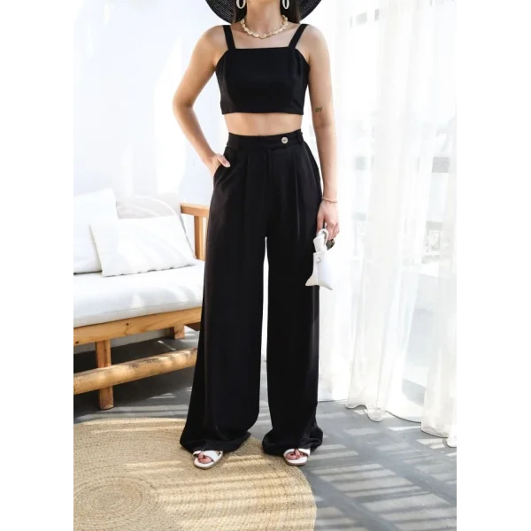 Keten Gi̇peli̇ Crop Ve Pantolon İki̇li̇ Takim