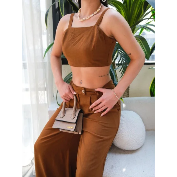 Keten Gi̇peli̇ Crop Ve Pantolon İki̇li̇ Takim