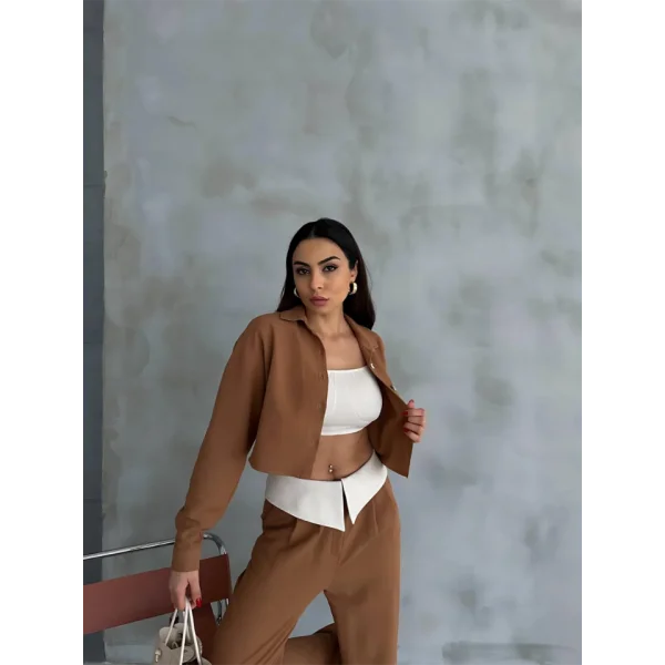 KETEN GÖMLEK-CROP-SALAŞ PANTOLON TAKIM - Kahverengi