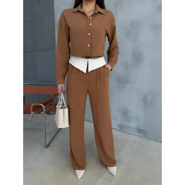 KETEN GÖMLEK-CROP-SALAŞ PANTOLON TAKIM - Kahverengi