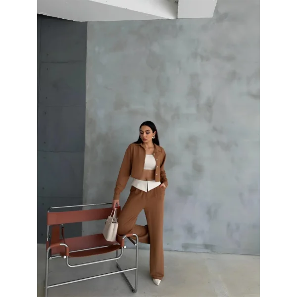 KETEN GÖMLEK-CROP-SALAŞ PANTOLON TAKIM - Kahverengi