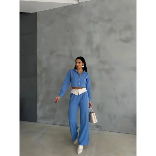 KETEN GÖMLEK-CROP-SALAŞ PANTOLON TAKIM - Mavi