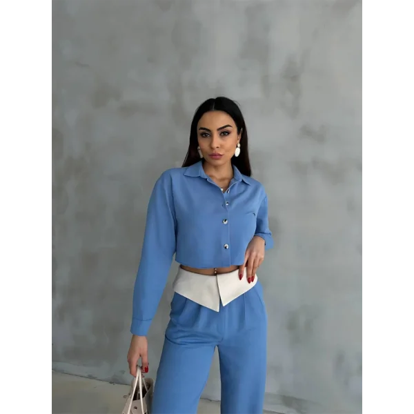 KETEN GÖMLEK-CROP-SALAŞ PANTOLON TAKIM - Mavi