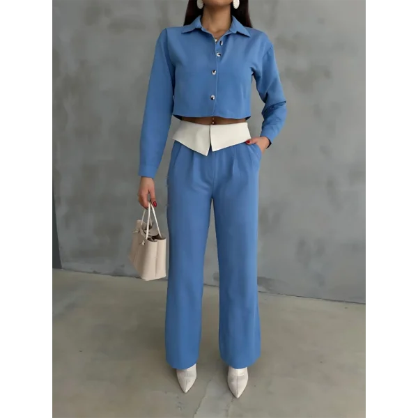 KETEN GÖMLEK-CROP-SALAŞ PANTOLON TAKIM - Mavi