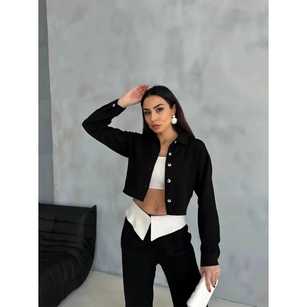 KETEN GÖMLEK-CROP-SALAŞ PANTOLON TAKIM - Siyah