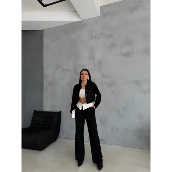 KETEN GÖMLEK-CROP-SALAŞ PANTOLON TAKIM - Siyah