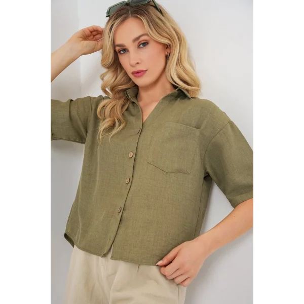Keten Görünümlü Crop Gömlek 20339 - Çağla