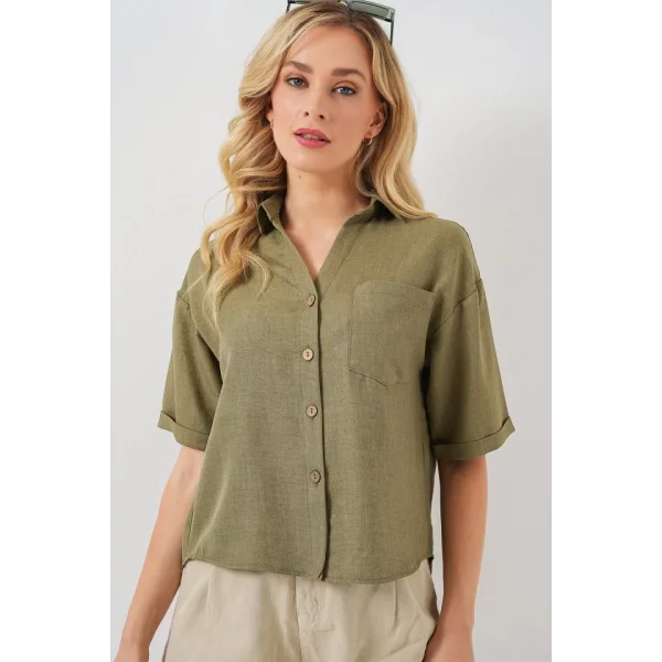 Keten Görünümlü Crop Gömlek 20339 - Çağla