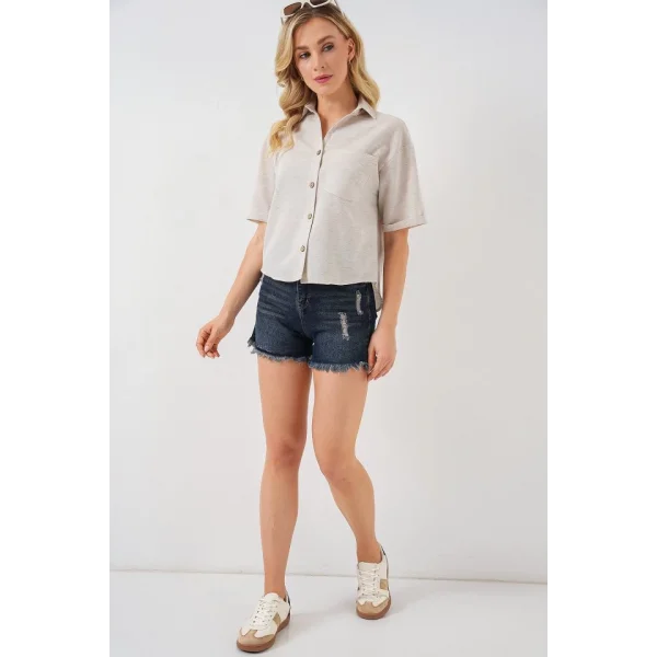 Keten Görünümlü Crop Gömlek 20339 - Krem