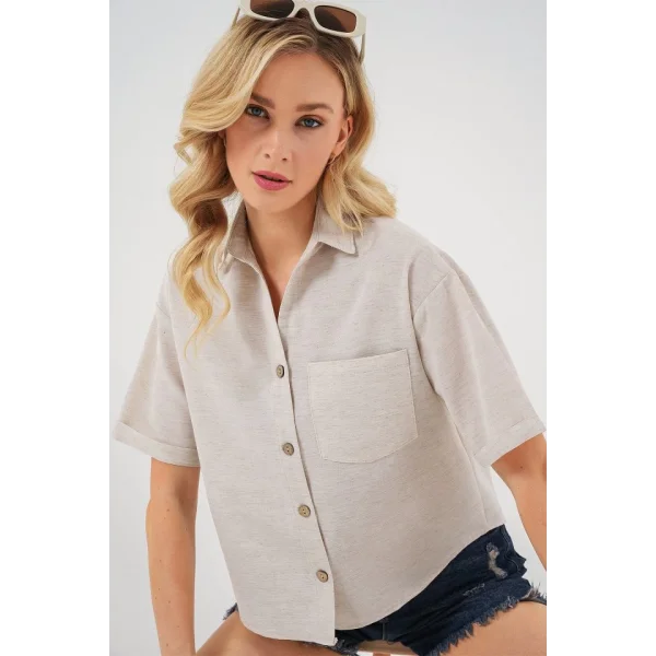 Keten Görünümlü Crop Gömlek 20339 - Krem