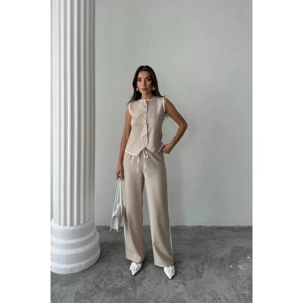 KETEN KENARLARI BİYELİ YELEK - PANTOLON TAKIM - Bej