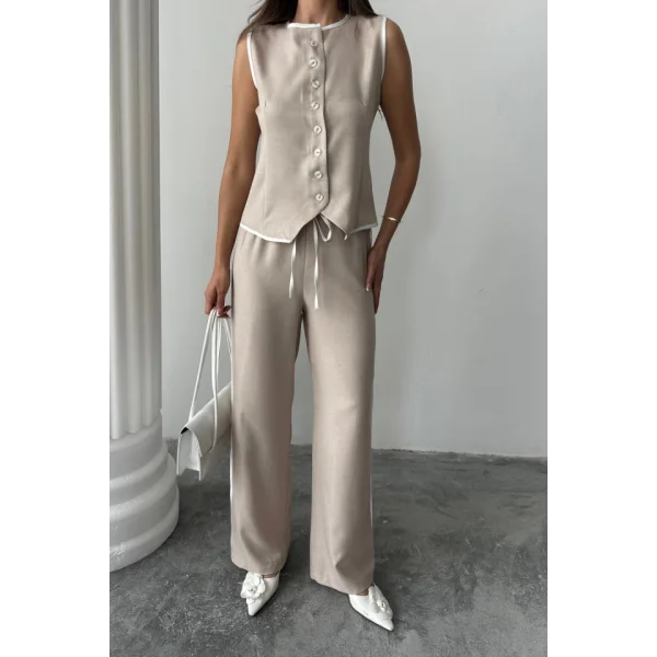 KETEN KENARLARI BİYELİ YELEK - PANTOLON TAKIM - Bej