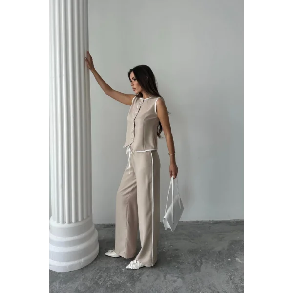 KETEN KENARLARI BİYELİ YELEK - PANTOLON TAKIM - Bej