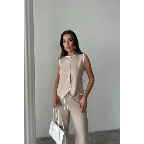 KETEN KENARLARI BİYELİ YELEK - PANTOLON TAKIM - Bej