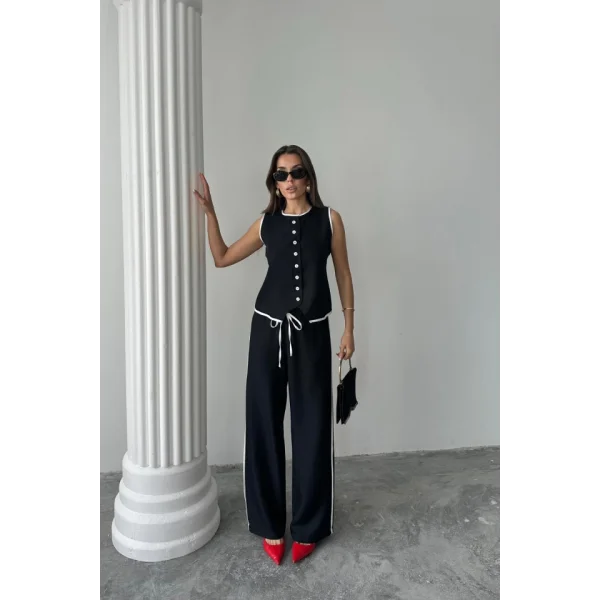 KETEN KENARLARI BİYELİ YELEK - PANTOLON TAKIM - Siyah