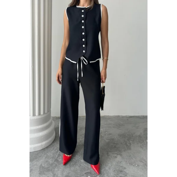 KETEN KENARLARI BİYELİ YELEK - PANTOLON TAKIM - Siyah