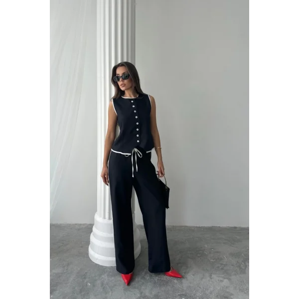 KETEN KENARLARI BİYELİ YELEK - PANTOLON TAKIM - Siyah