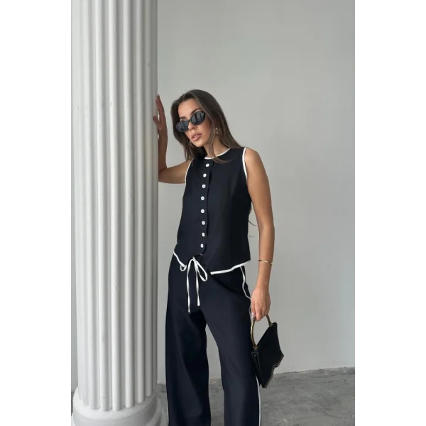 KETEN KENARLARI BİYELİ YELEK - PANTOLON TAKIM - Siyah