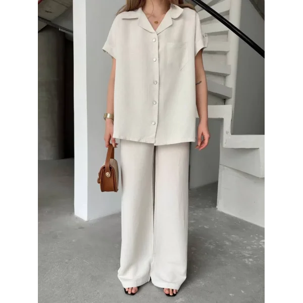 Keten Kısa Kollu Cepli Gömlek Pantolon ikili Takım - Beyaz