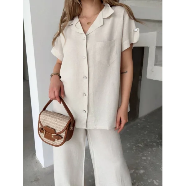 Keten Kısa Kollu Cepli Gömlek Pantolon Ikili Takım - Beyaz