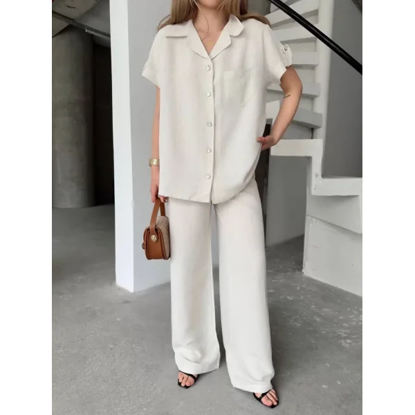 Keten Kısa Kollu Cepli Gömlek Pantolon ikili Takım - Beyaz