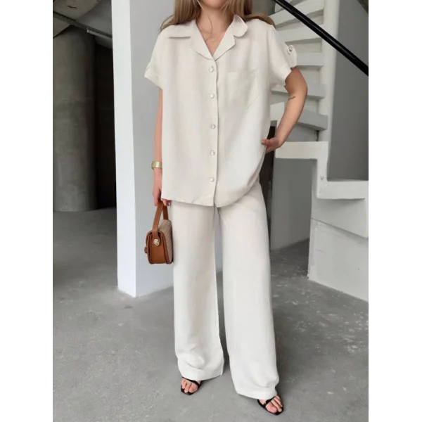 Keten Kısa Kollu Cepli Gömlek Pantolon Ikili Takım - Beyaz