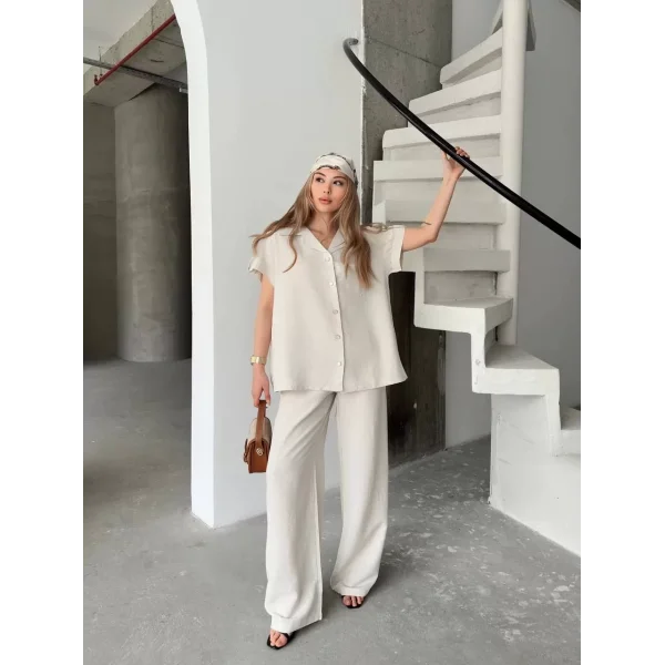 Keten Kısa Kollu Cepli Gömlek Pantolon ikili Takım - Beyaz