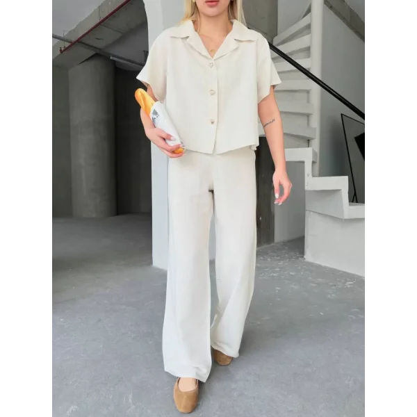Keten Kısa Kollu Gömlek Pantolon ikili Kısa İlik Düğmeli Bol Paça Takım - Beyaz