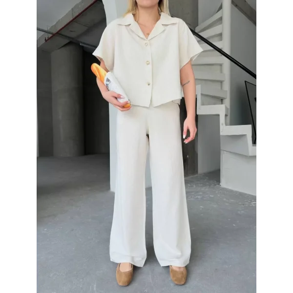Keten Kısa Kollu Gömlek Pantolon ikili Kısa İlik Düğmeli Bol Paça Takım - Beyaz