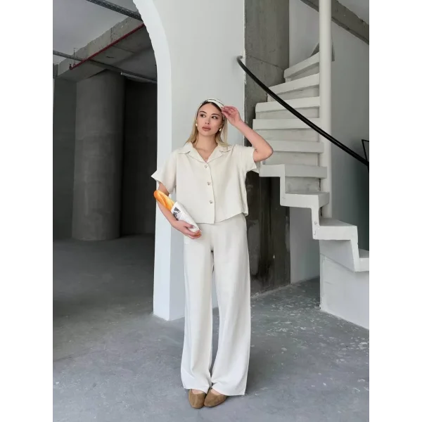Keten Kısa Kollu Gömlek Pantolon ikili Kısa İlik Düğmeli Bol Paça Takım - Beyaz