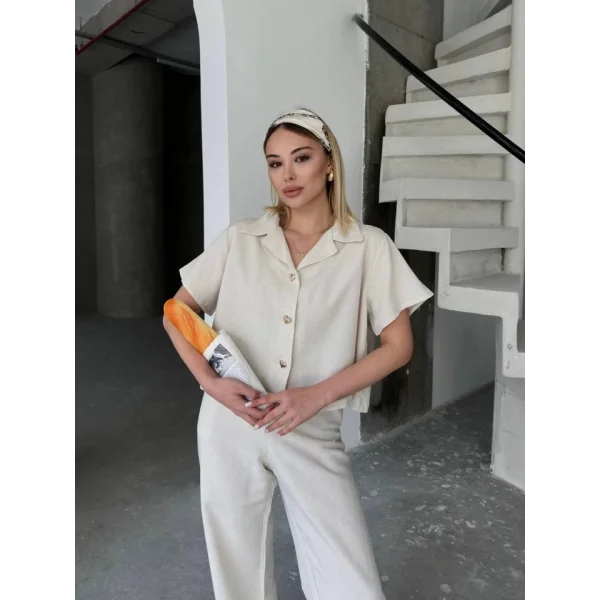 Keten Kısa Kollu Gömlek Pantolon Ikili Takım - Beyaz