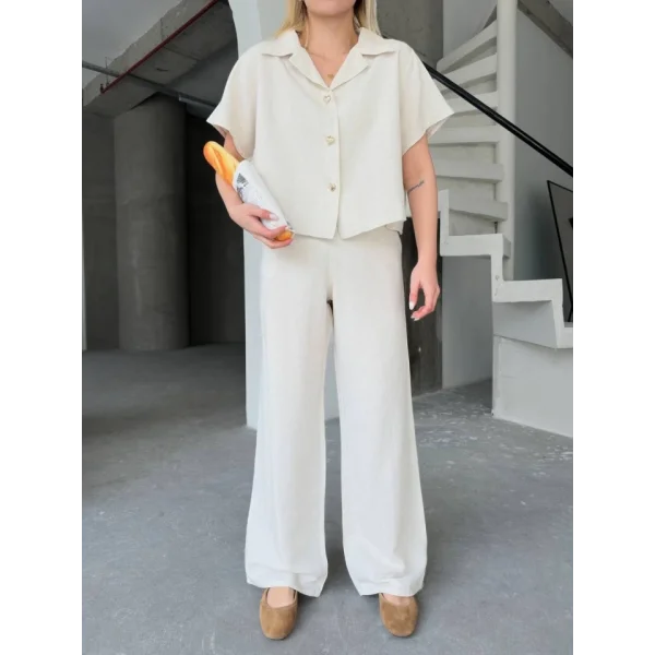 Keten Kısa Kollu Gömlek Pantolon Ikili Takım - Beyaz