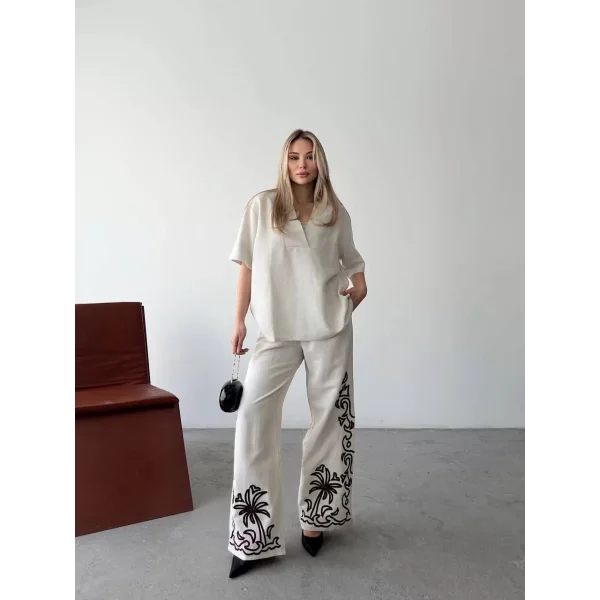 Keten Kısa kolu V Yaka Bluz Pantolon ikili Takım- Beyaz