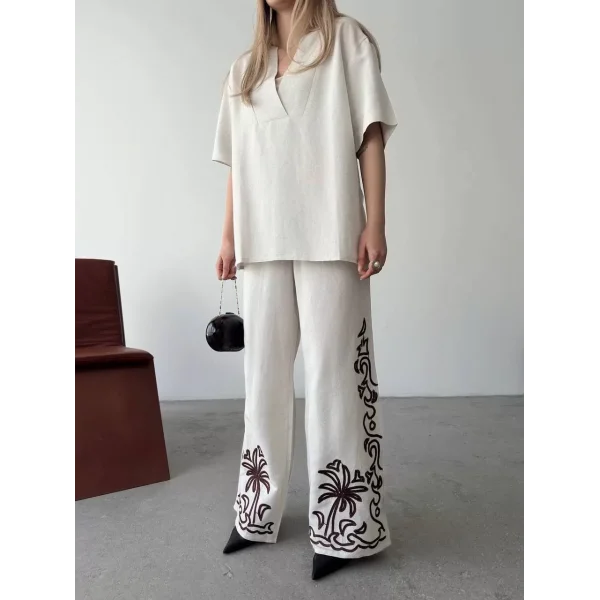 Keten Kısa kolu V Yaka Bluz Pantolon ikili Takım- Beyaz