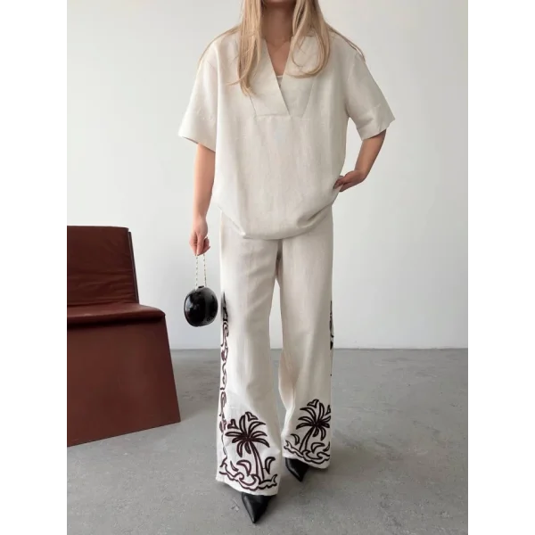 Keten Kısa Kolu V Yaka Bluz Pantolon Ikili Takım- Beyaz