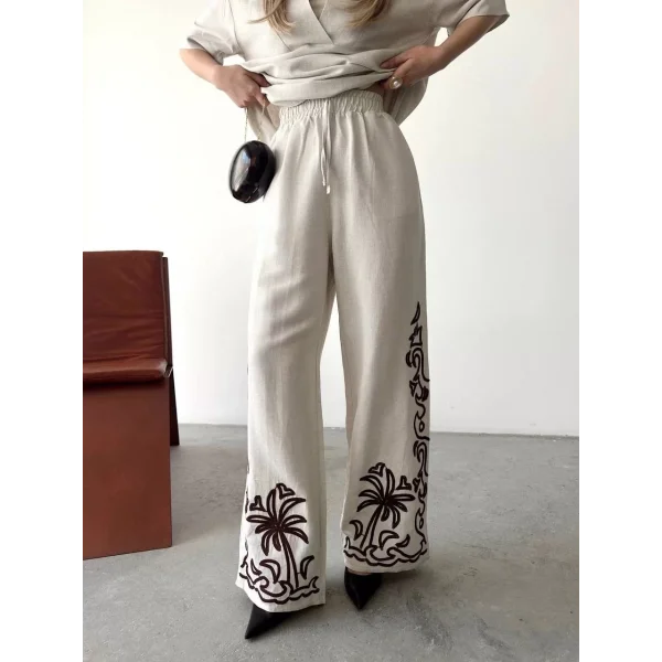 Keten Kısa kolu V Yaka Bluz Pantolon ikili Takım- Beyaz