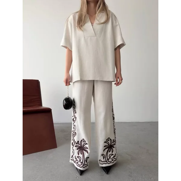 Keten Kısa kolu V Yaka Bluz Pantolon ikili Takım- Beyaz