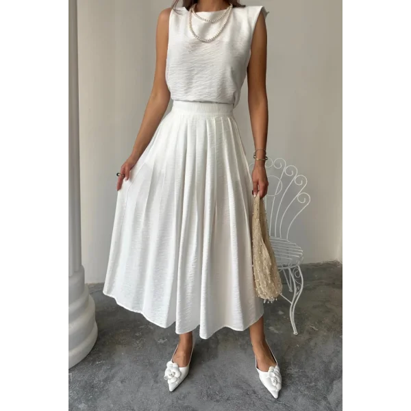 KETEN KOLSUZ BLUZ - MAXİ ETEK TAKIM - Beyaz