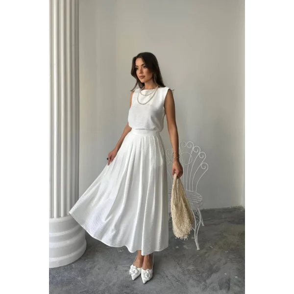KETEN KOLSUZ BLUZ - MAXİ ETEK TAKIM - Beyaz