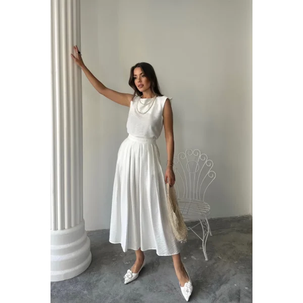 KETEN KOLSUZ BLUZ - MAXİ ETEK TAKIM - Beyaz