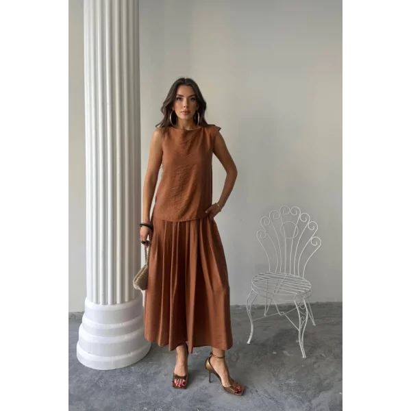 KETEN KOLSUZ BLUZ - MAXİ ETEK TAKIM - Kahverengi