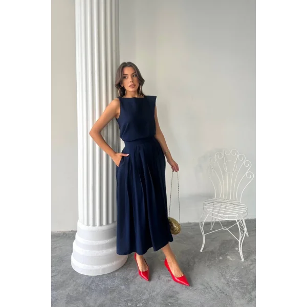 KETEN KOLSUZ BLUZ - MAXİ ETEK TAKIM - Lacivert