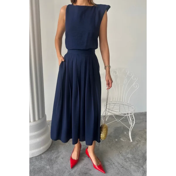 KETEN KOLSUZ BLUZ - MAXİ ETEK TAKIM - Lacivert