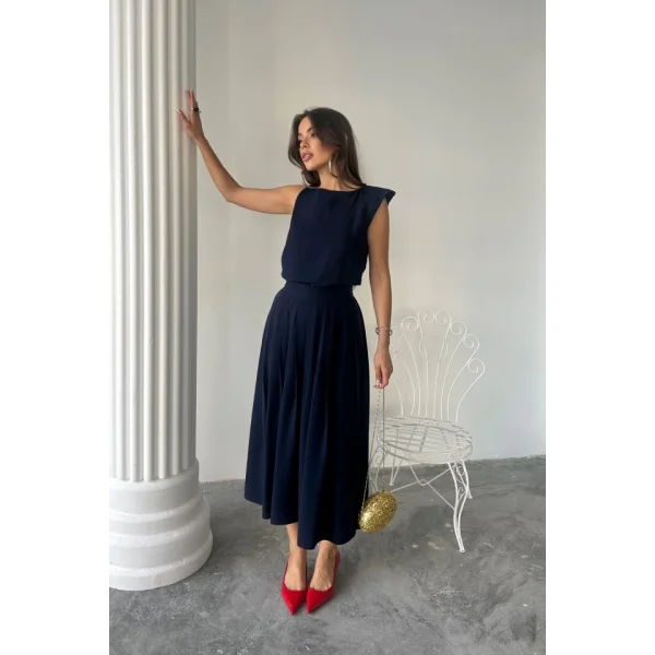 KETEN KOLSUZ BLUZ - MAXİ ETEK TAKIM - Lacivert