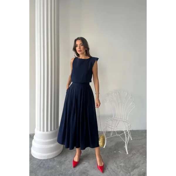 KETEN KOLSUZ BLUZ - MAXİ ETEK TAKIM - Lacivert